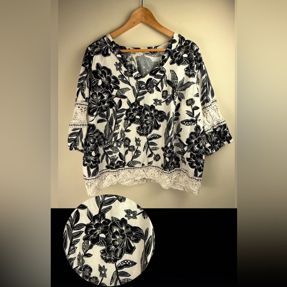 Christian Siriano Linen Blend V-Neck Crochet Lace Boho Floral Blouse Size 1X - Picture 1 of 11